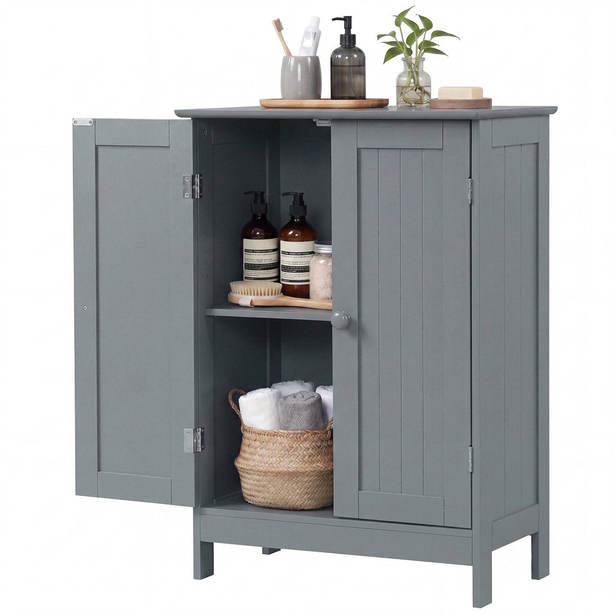 Bathroom Floor Storage Double Door Cupboard Cabinet-Gray