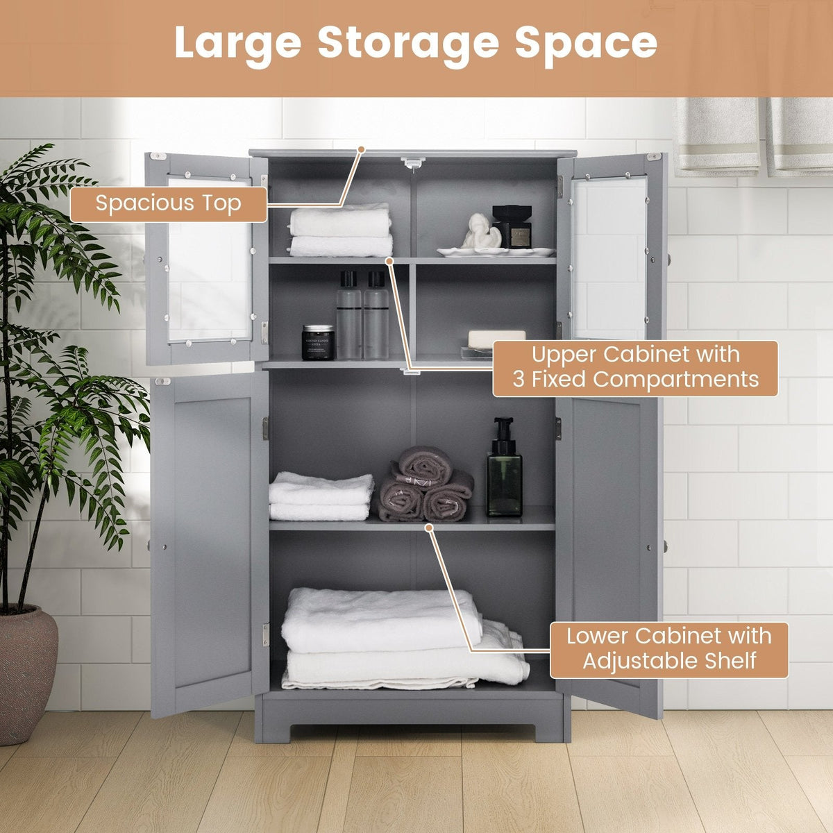 Bathroom Floor Storage Locker Kitchen Cabinet with Doors and Adjustable Shelf-Gray