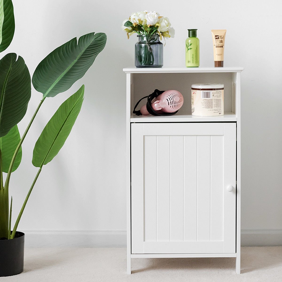 Bathroom Freestanding, Adjustable Shelf Floor Storage Cabinet-White