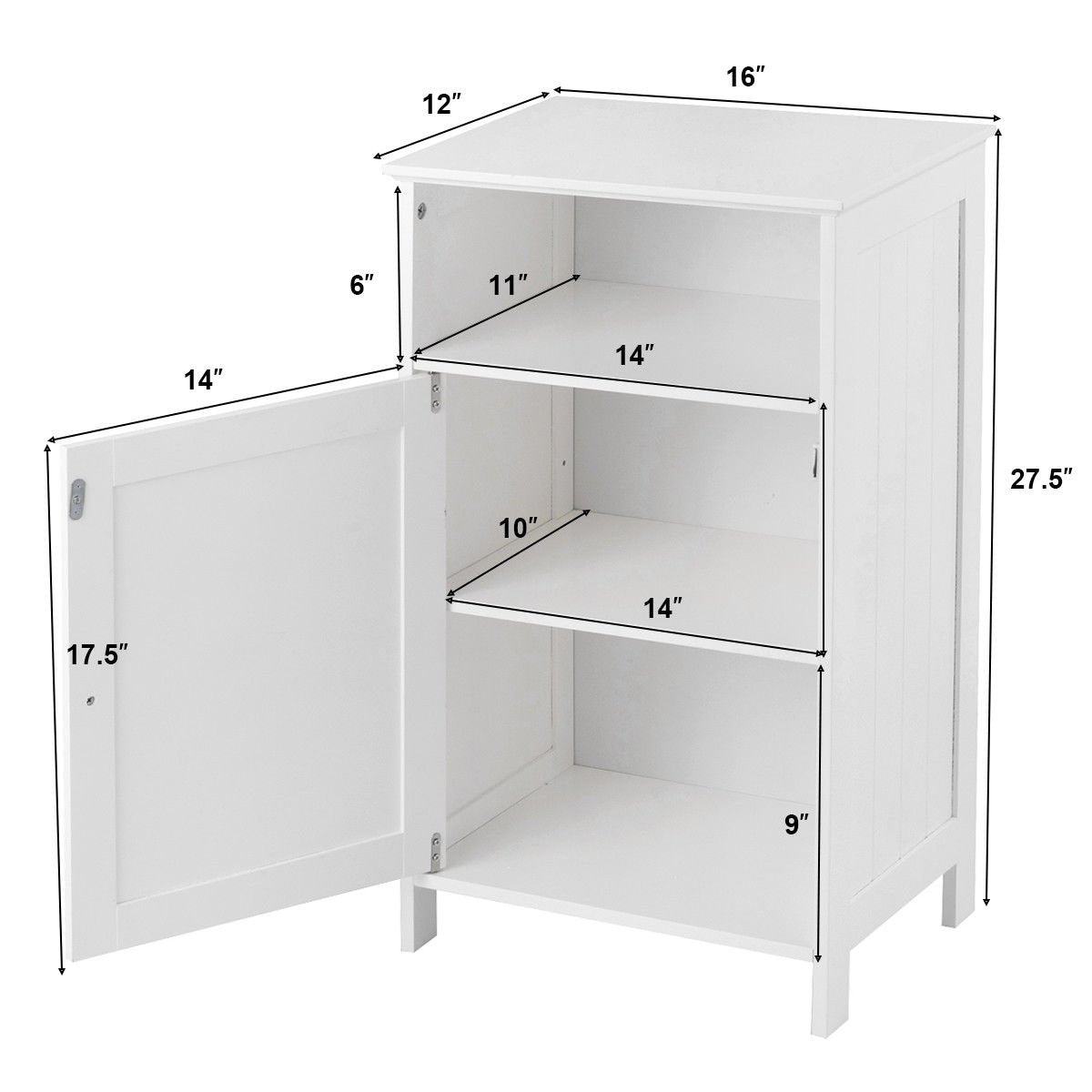 Bathroom Freestanding, Adjustable Shelf Floor Storage Cabinet-White