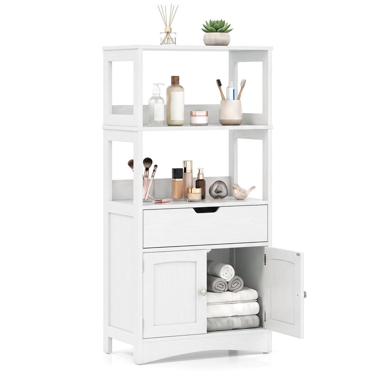 Bathroom Storage Cabinet with Open Shelves and Drawer-White
