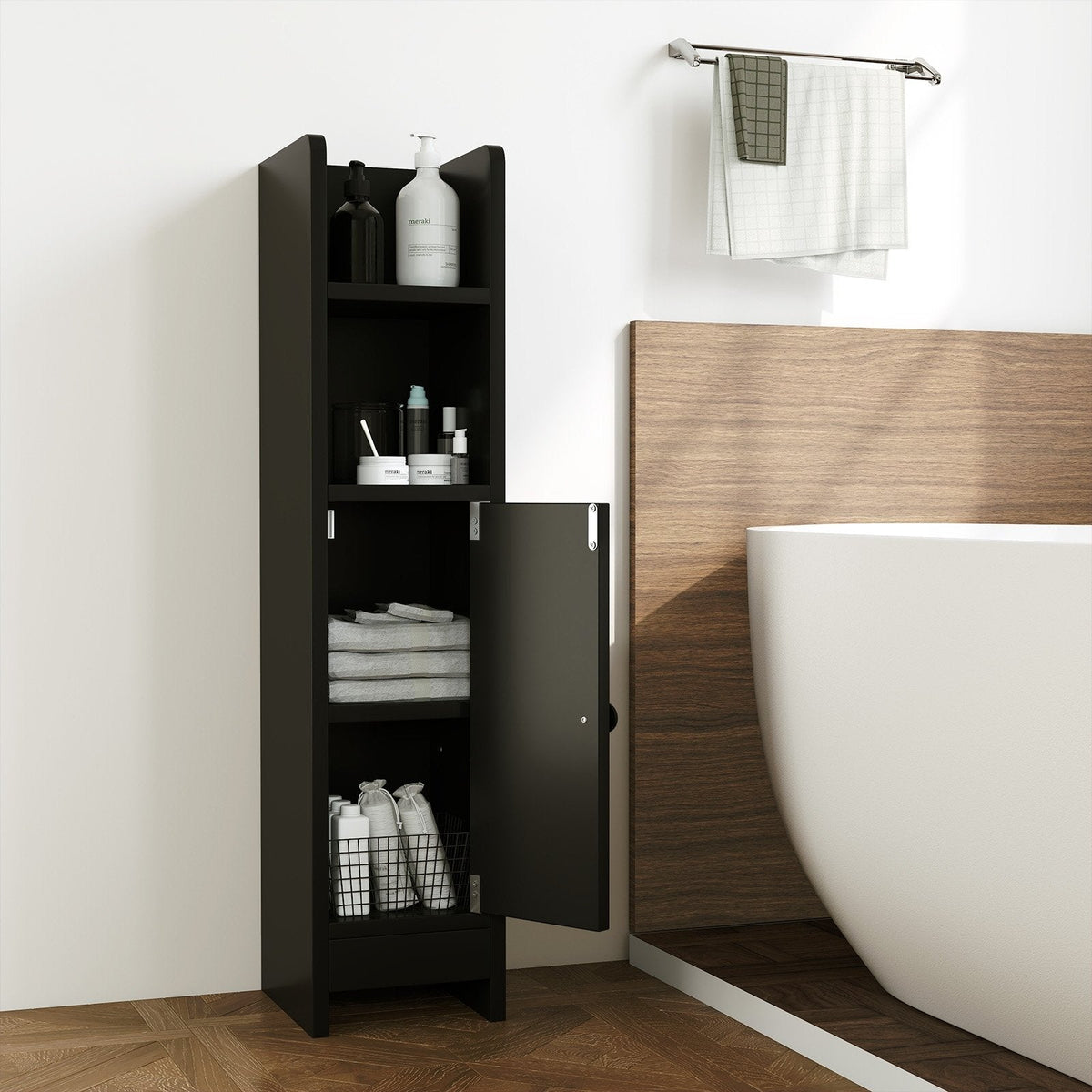 Bathroom Slim Cabinet Corner with Door and Adjustable Shelf-Black
