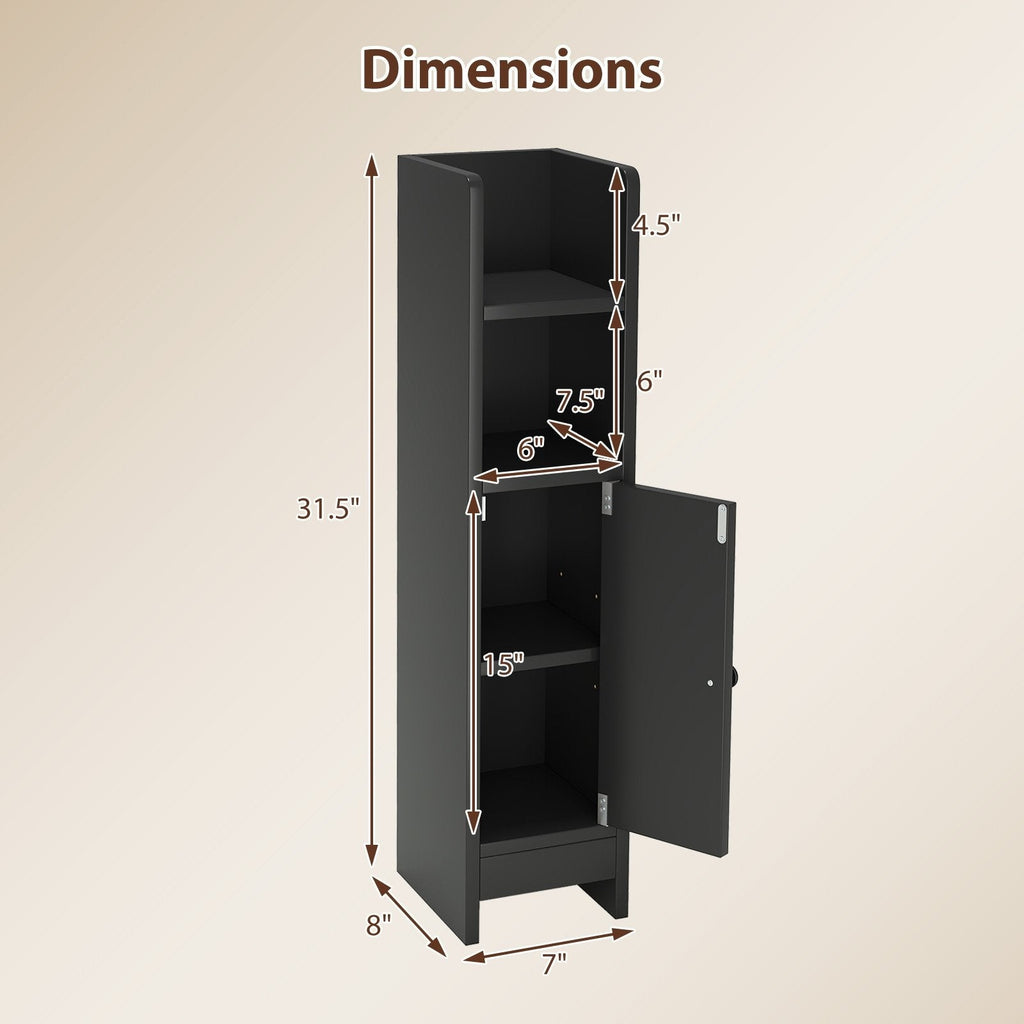 Bathroom Slim Cabinet Corner with Door and Adjustable Shelf-Black