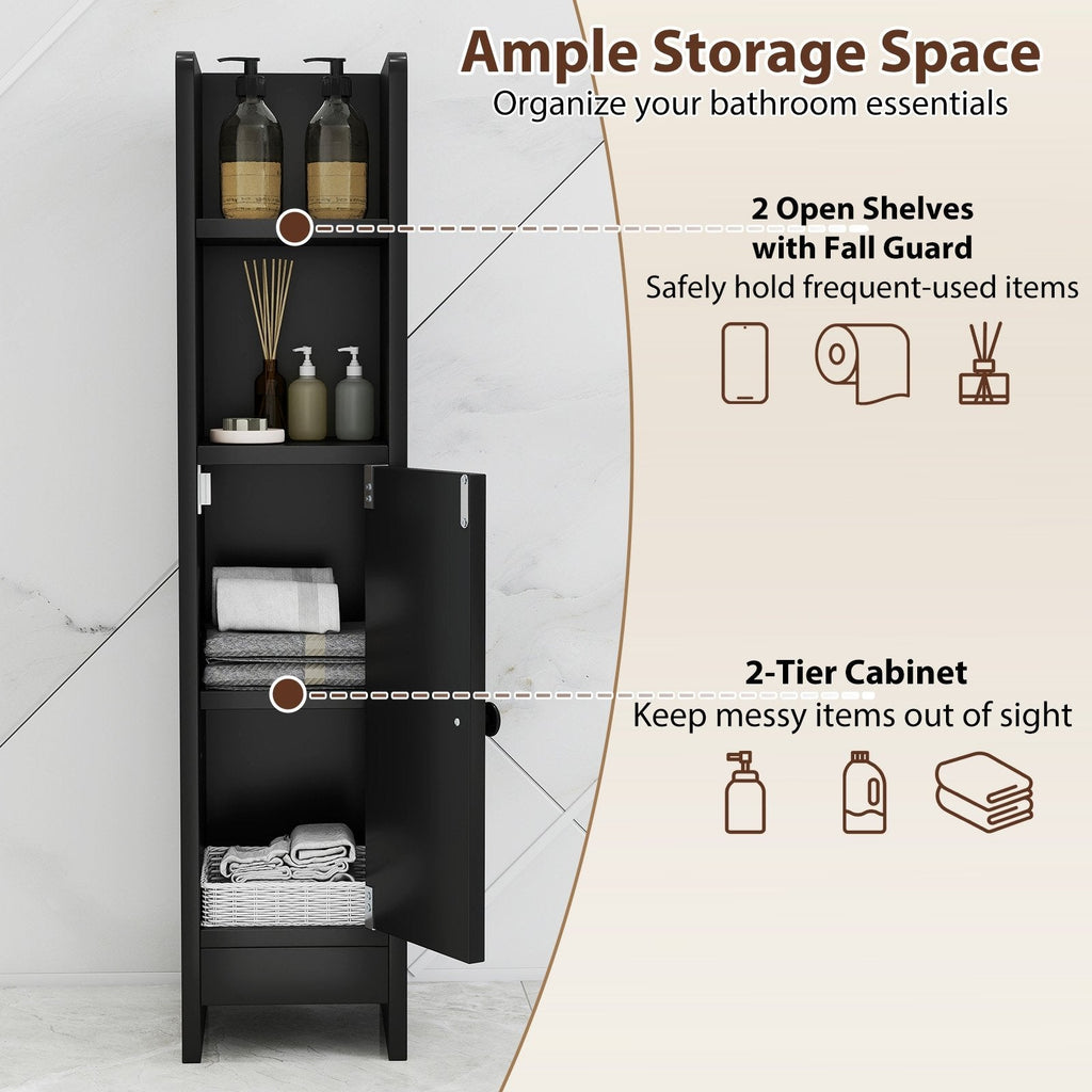 Bathroom Slim Cabinet Corner with Door and Adjustable Shelf-Black