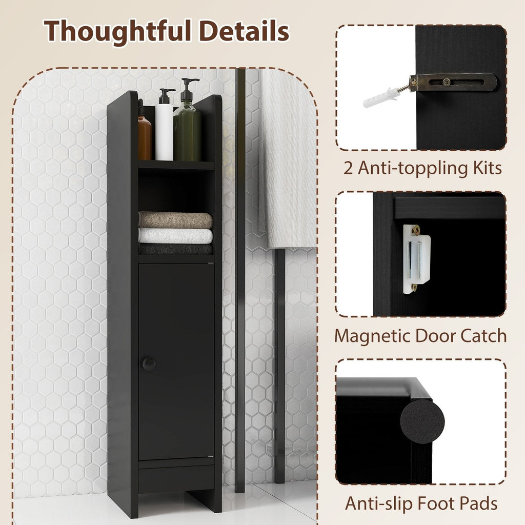 Bathroom Slim Cabinet Corner with Door and Adjustable Shelf-Black