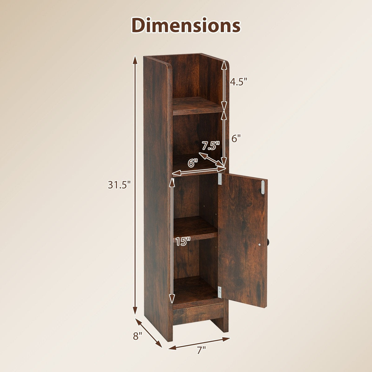 Bathroom Slim Cabinet Corner with Door and Adjustable Shelf-Rustic Brown