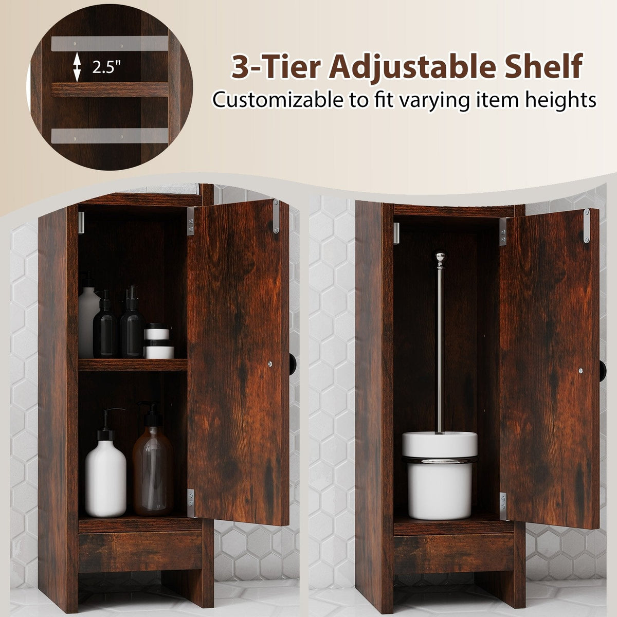 Bathroom Slim Cabinet Corner with Door and Adjustable Shelf-Rustic Brown