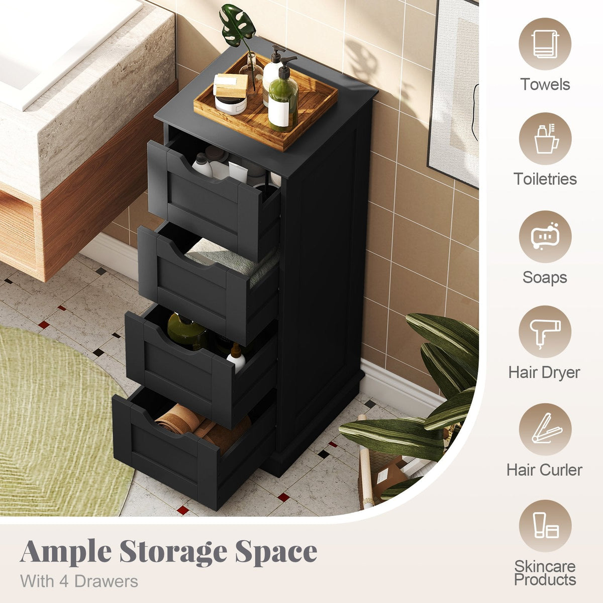 Bathroom Storage Cabinet with Cutout Handles and 4 Drawers-Black