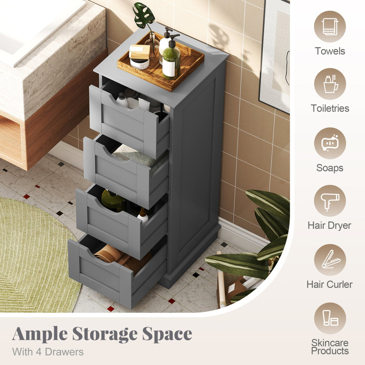 Bathroom Storage Cabinet with Cutout Handles and 4 Drawers-Gray