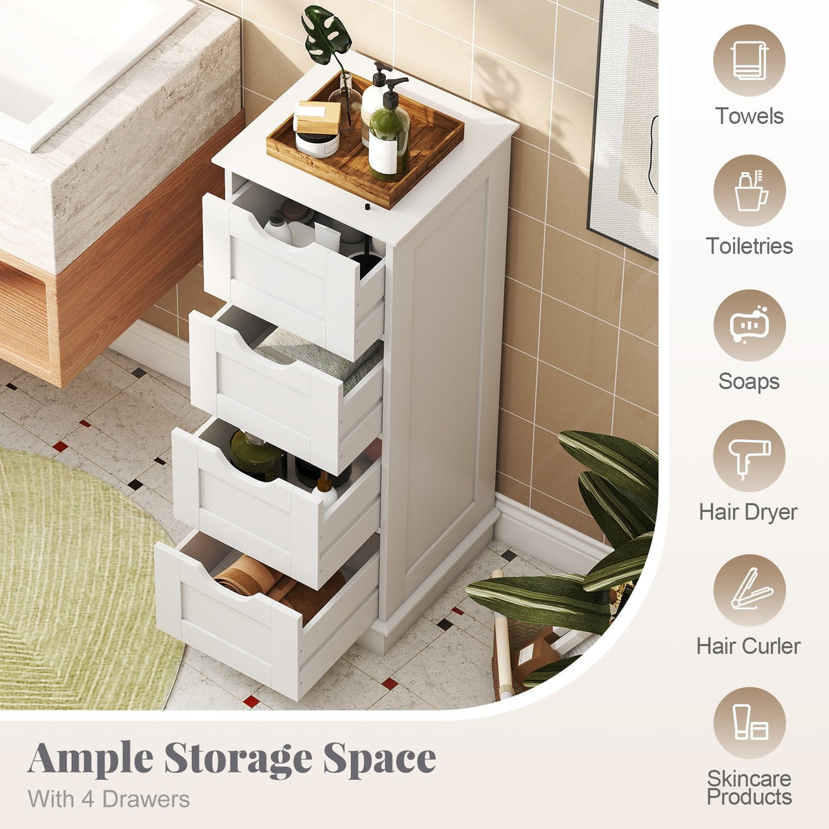 Bathroom Storage Cabinet with Cutout Handles and 4 Drawers-White