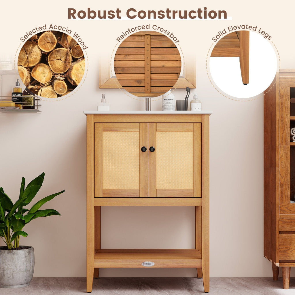 Bathroom Vanity with Ceramic Sink 2 Rattan Doors and Slatted Shelf