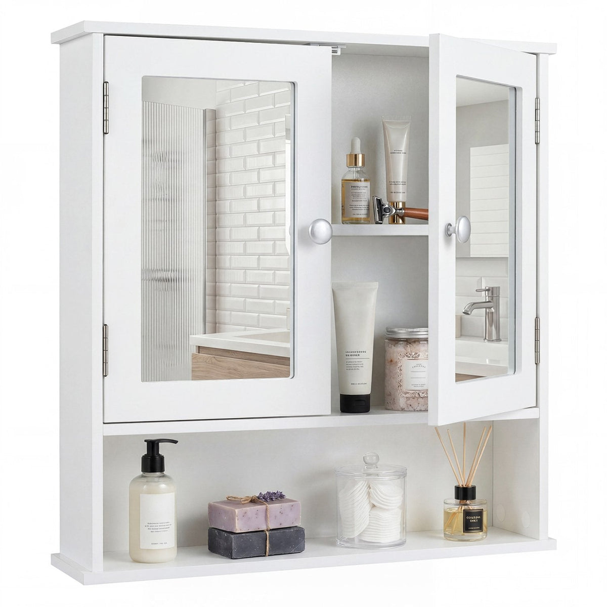 Bathroom Wall Mount Mirror Cabinet Organizer-White