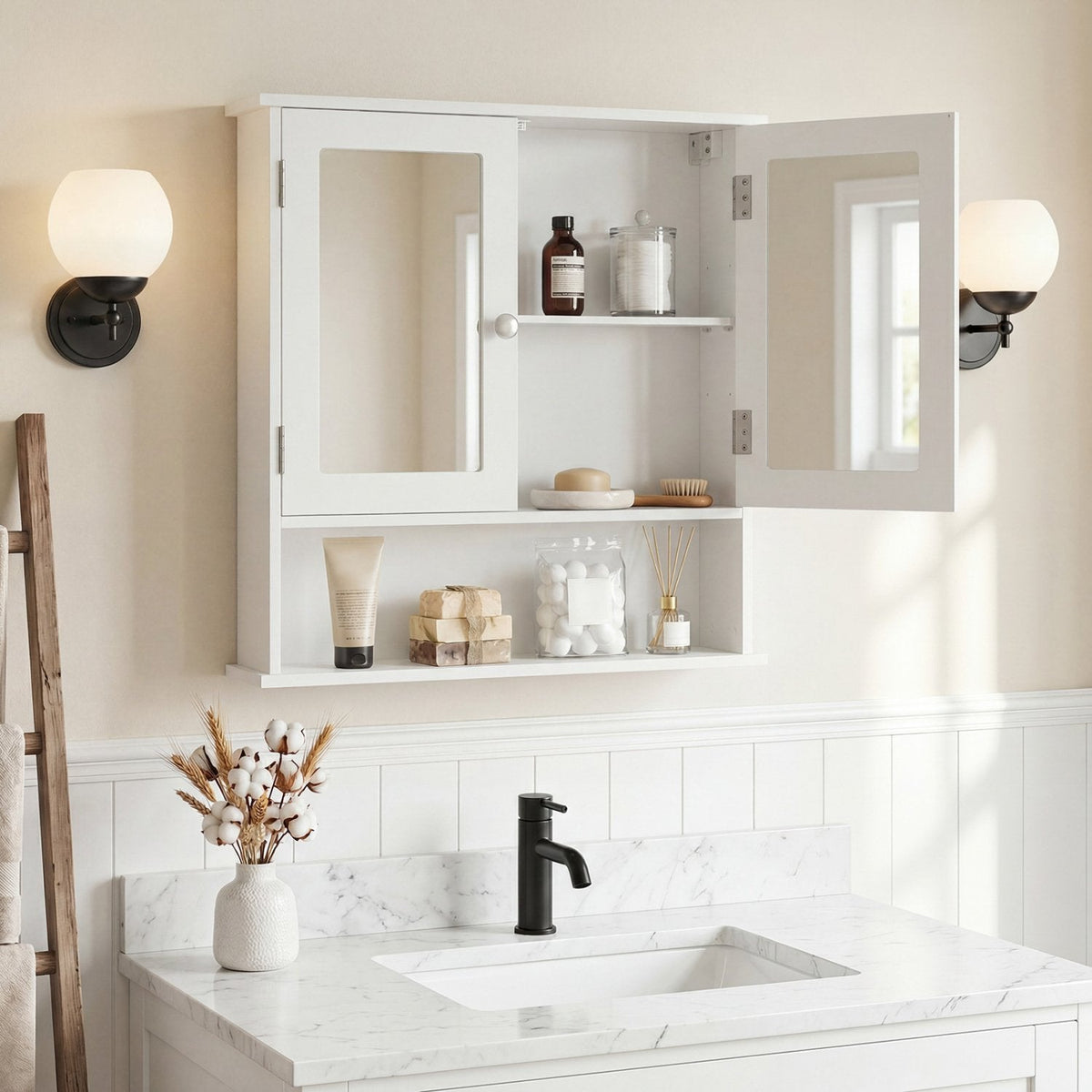Bathroom Wall Mount Mirror Cabinet Organizer-White