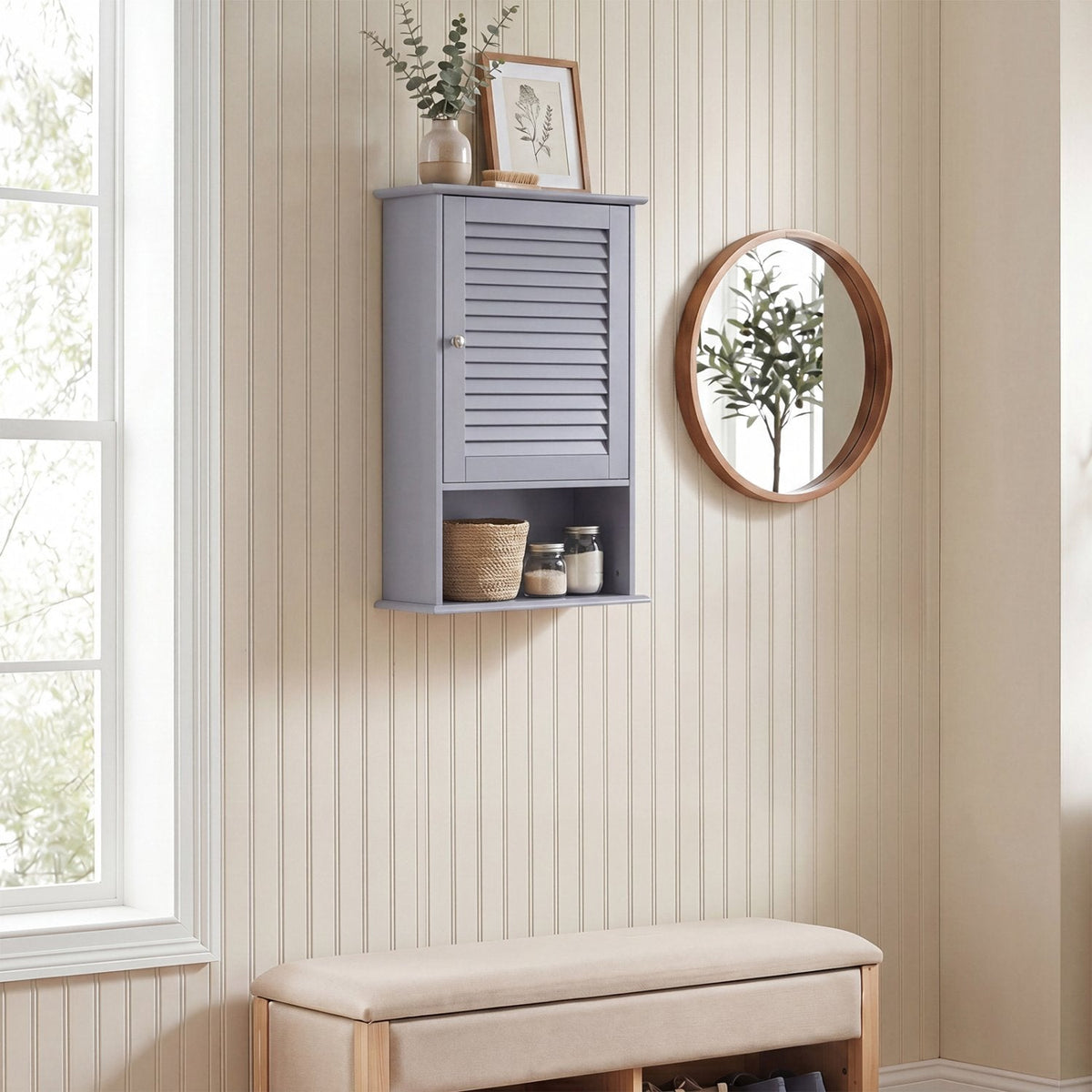 Bathroom Wall Mount Storage Cabinet Single Door with Height Adjustable Shelf-Gray