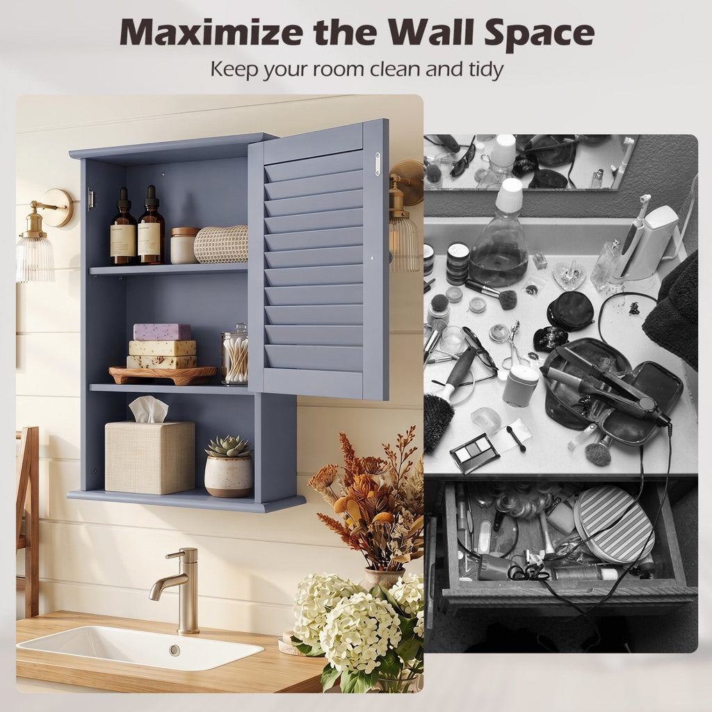 Bathroom Wall Mount Storage Cabinet Single Door with Height Adjustable Shelf-Gray