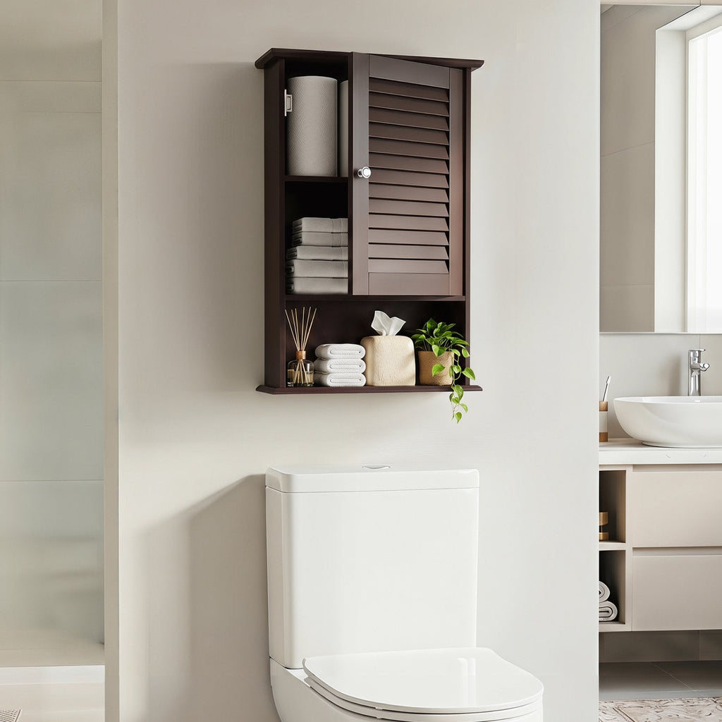 Bathroom Wall Mount Storage Cabinet Single Door with Height Adjustable Shelf-Rustic Brown