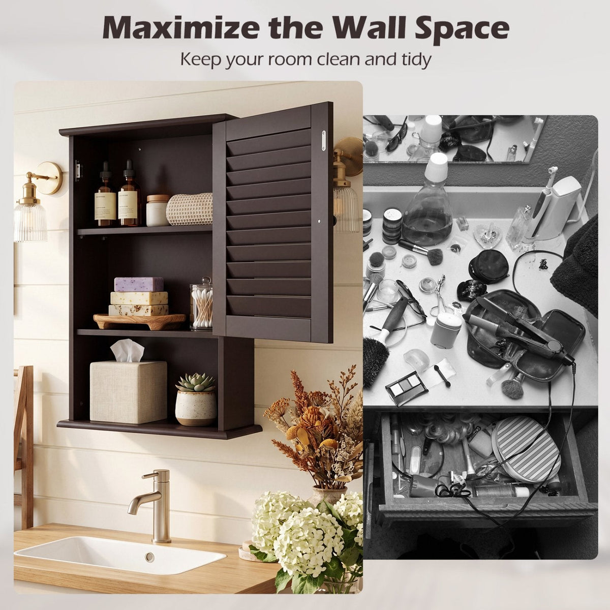 Bathroom Wall Mount Storage Cabinet Single Door with Height Adjustable Shelf-Rustic Brown