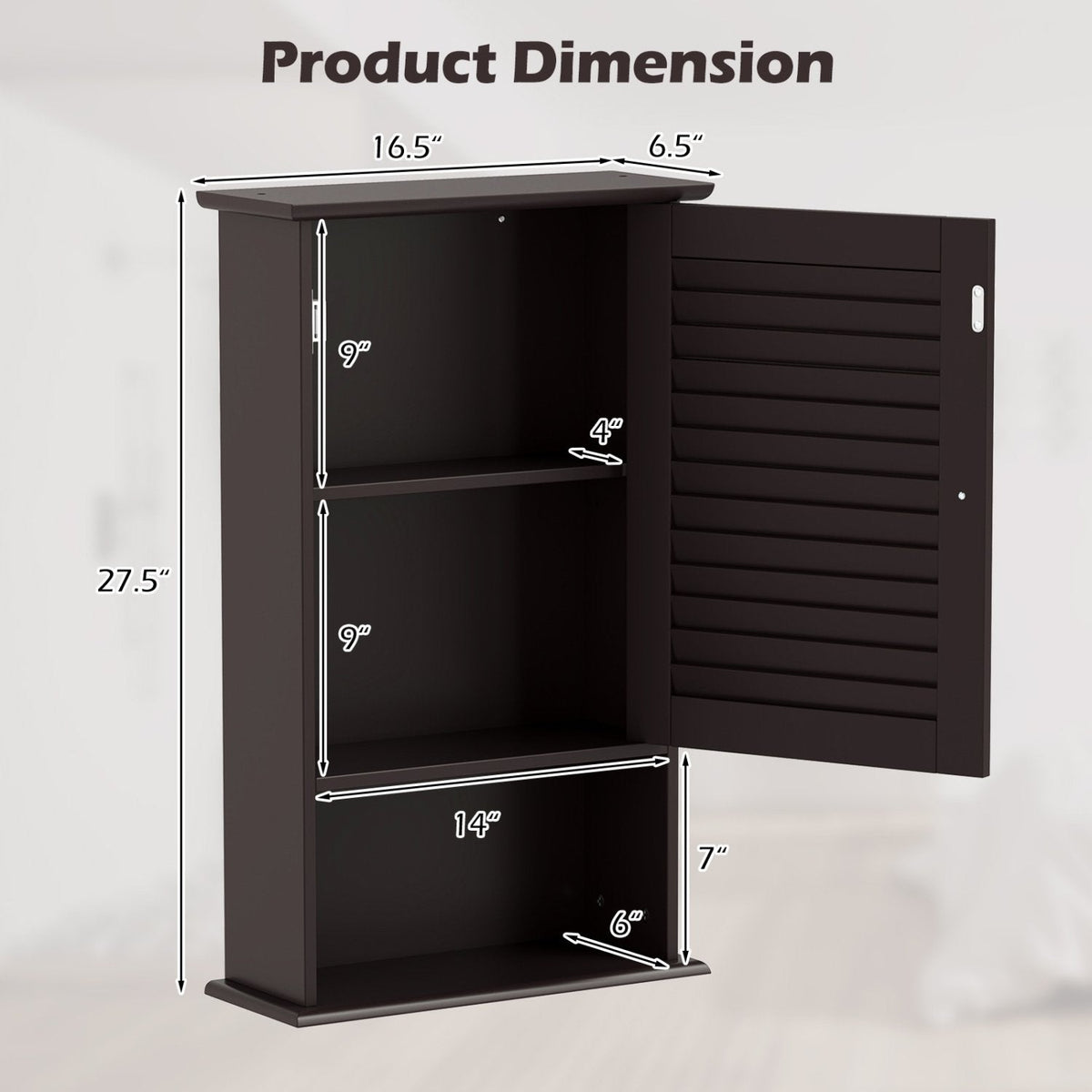 Bathroom Wall Mount Storage Cabinet Single Door with Height Adjustable Shelf-Rustic Brown