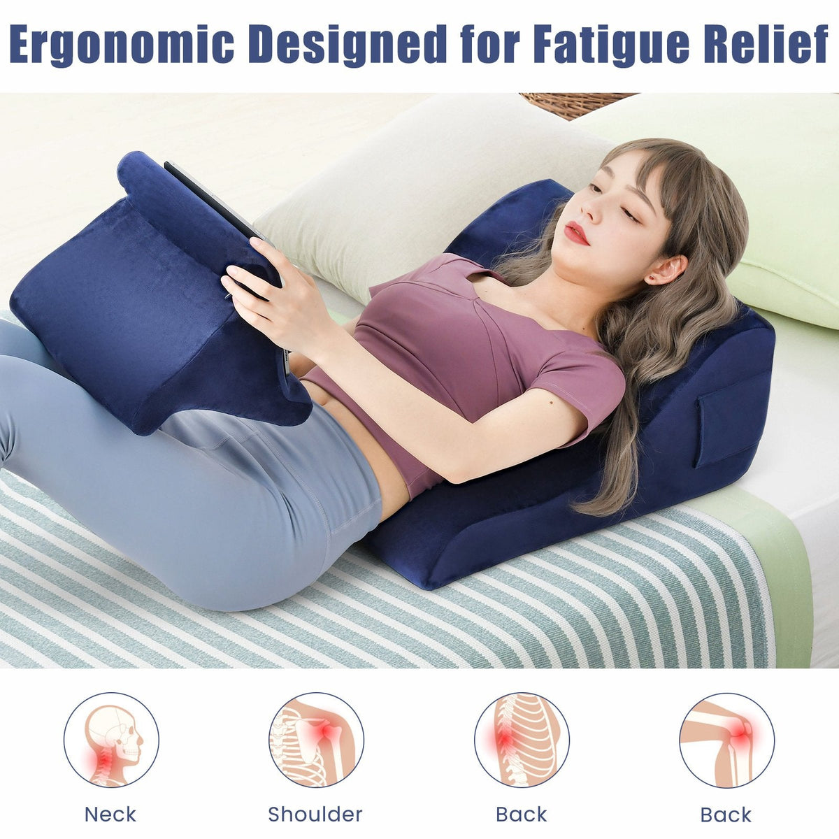 Bed Wedge Pillow with Tablet Pillow Stand and Side Pockets-Navy