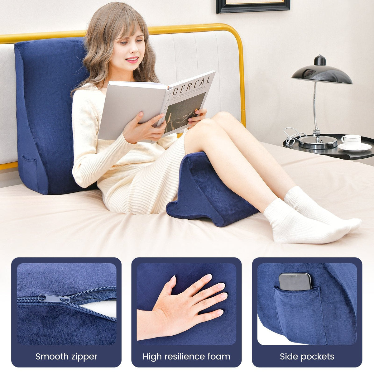 Bed Wedge Pillow with Tablet Pillow Stand and Side Pockets-Navy