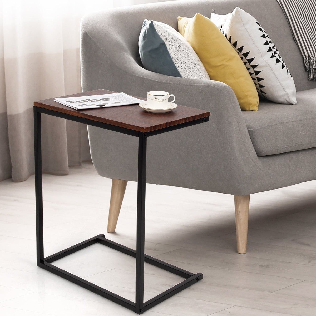 C Shaped Sofa Side Table, 26 Inch Laptop Stand with Dark Brown Top