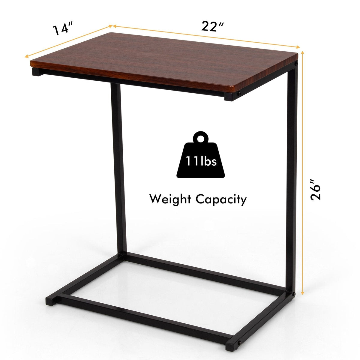 C Shaped Sofa Side Table, 26 Inch Laptop Stand with Dark Brown Top