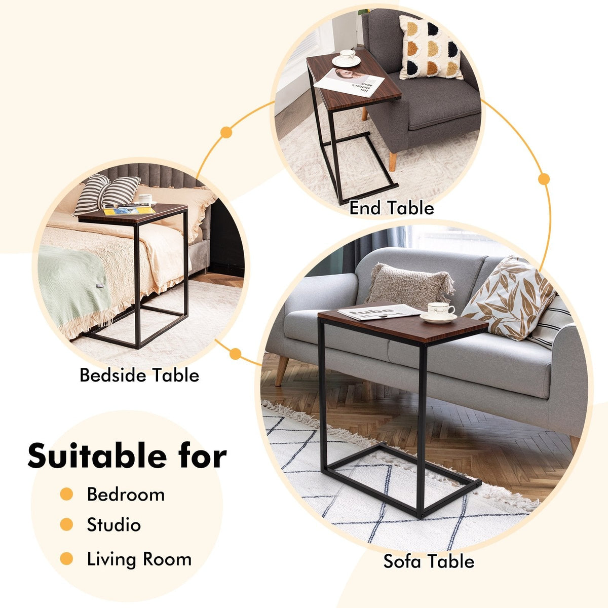C Shaped Sofa Side Table, 26 Inch Laptop Stand with Dark Brown Top