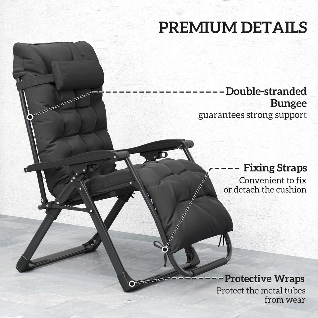 Folding Garden Chairs Set of 2, Reclining Zero Gravity Chair, Sun Lounger with Cushion and Headrest, Black