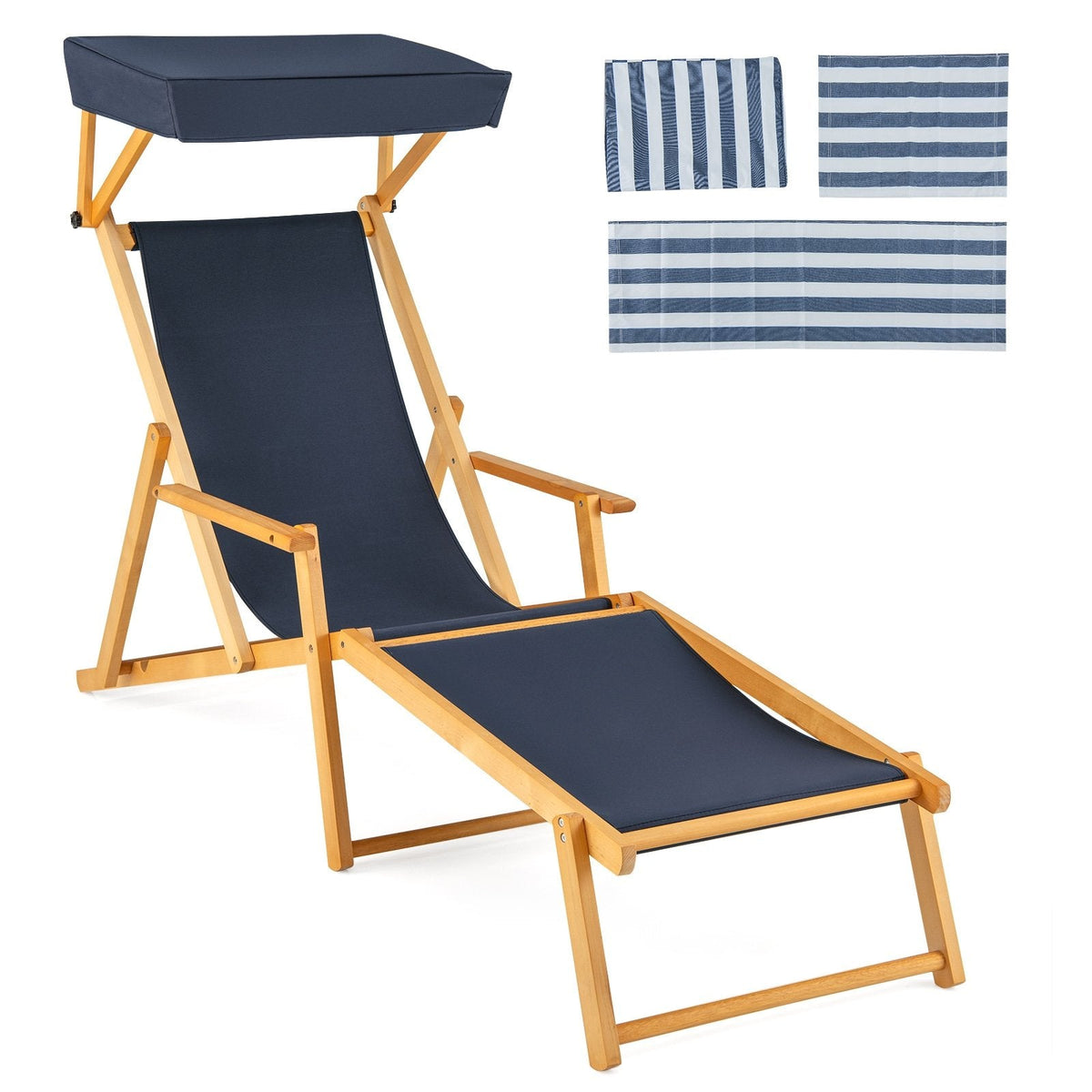Birch Wood Folding Lounge Chair with Angle Adjustable Canopy, Navy