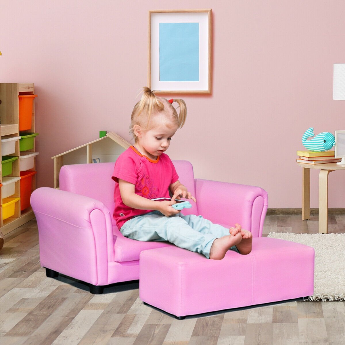 Kids Two Seat Sofa with Matching Ottoman in Pink