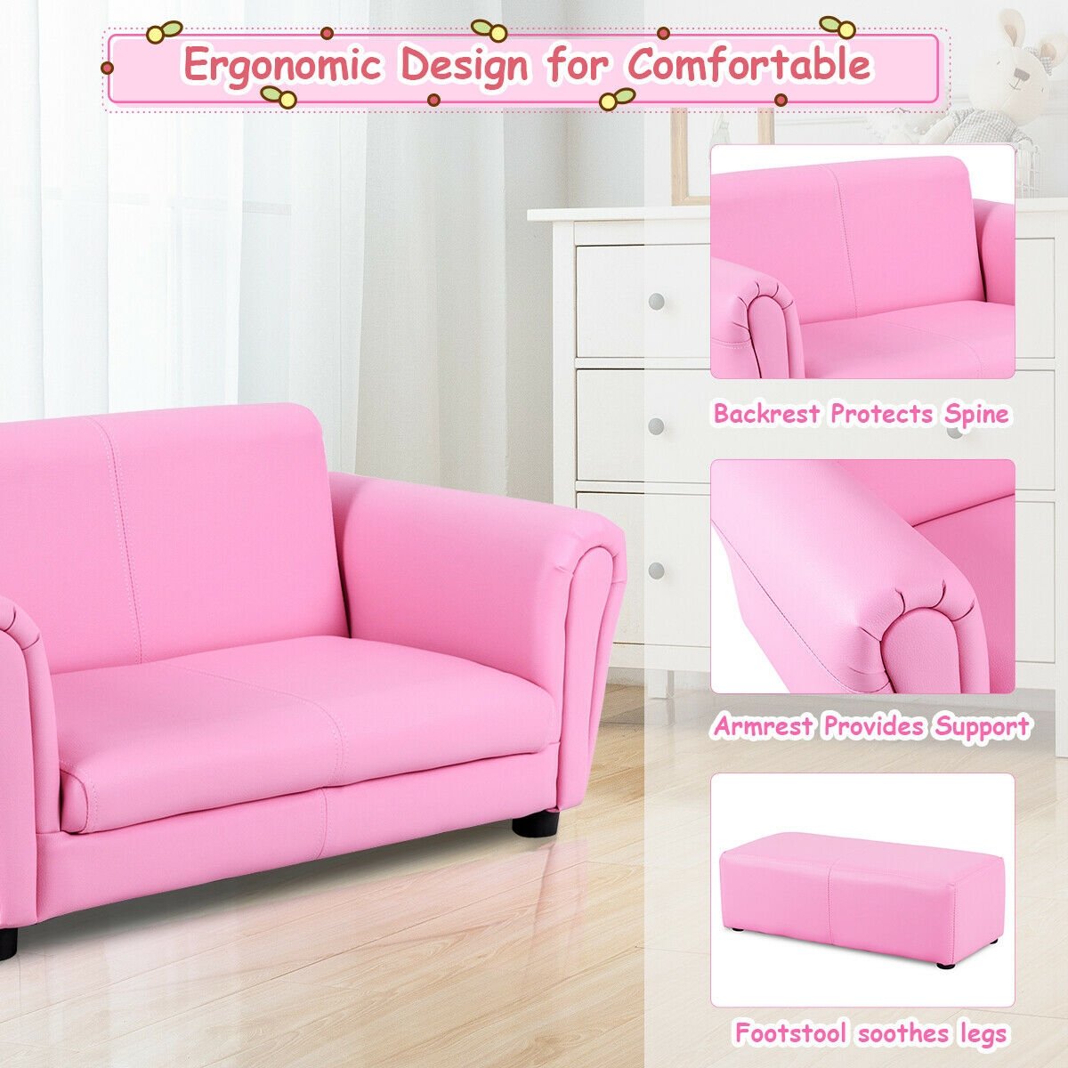 Kids Two Seat Sofa with Matching Ottoman in Pink