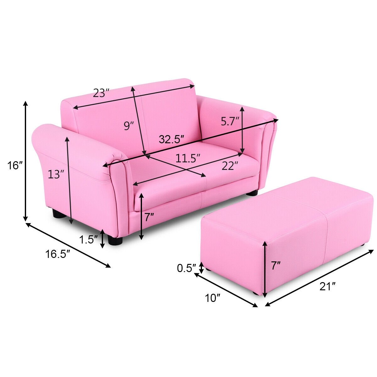 Kids Two Seat Sofa with Matching Ottoman in Pink