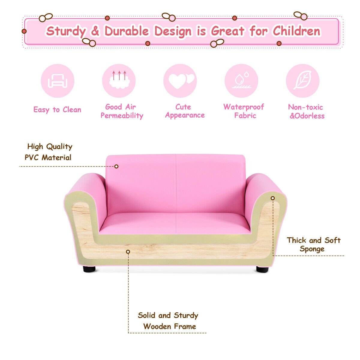 Kids Two Seat Sofa with Matching Ottoman in Pink
