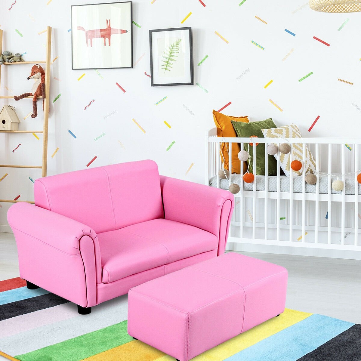 Kids Two Seat Sofa with Matching Ottoman in Pink