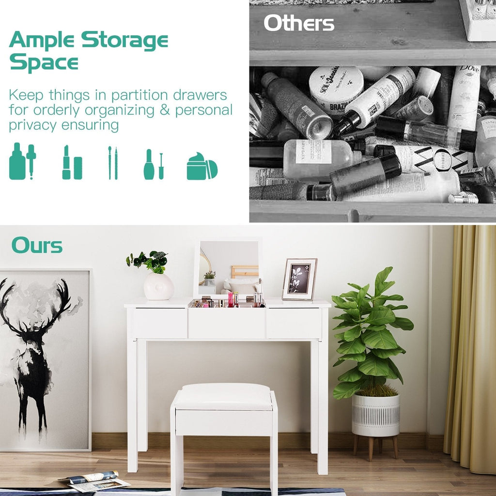 Vanity Makeup Dressing Table Set with Flip Top Mirror and Cushioned Stool-White