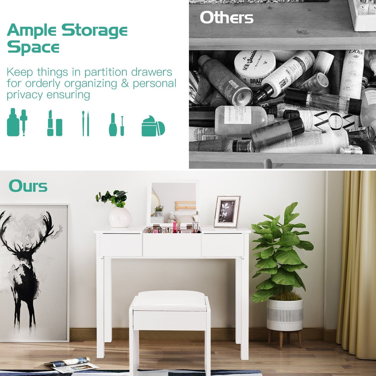 Vanity Makeup Dressing Table Set with Flip Top Mirror and Cushioned Stool-White