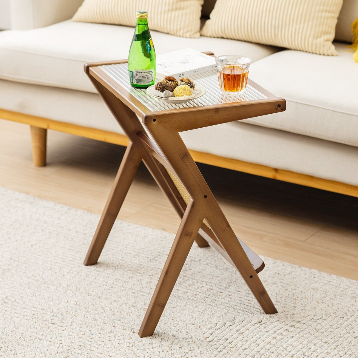 Boho End Table with Tempered Glass Top and Woven Rattan Magazine Rack
