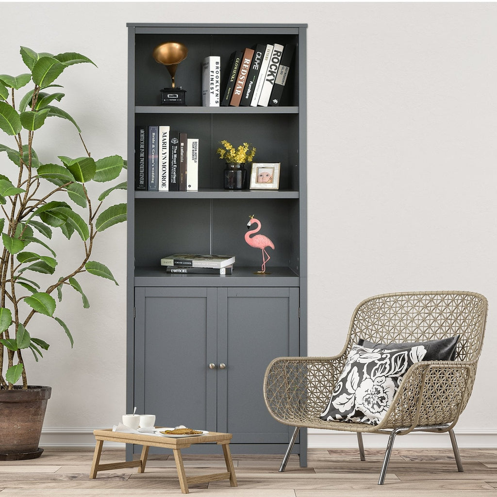 Tall Bookcase with 3 Open Shelves and a 2 Door Cabinet, Grey