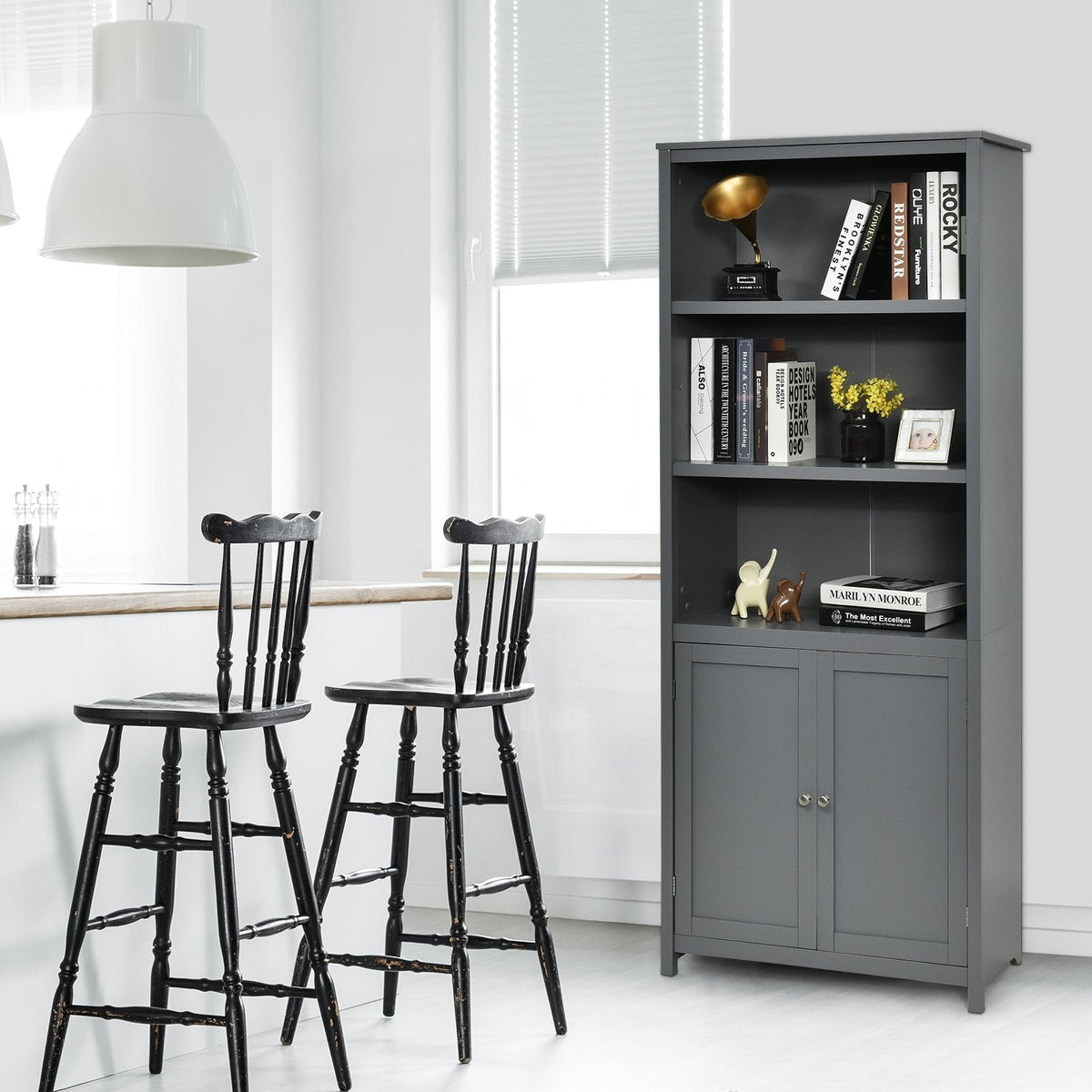 Tall Bookcase with 3 Open Shelves and a 2 Door Cabinet, Grey