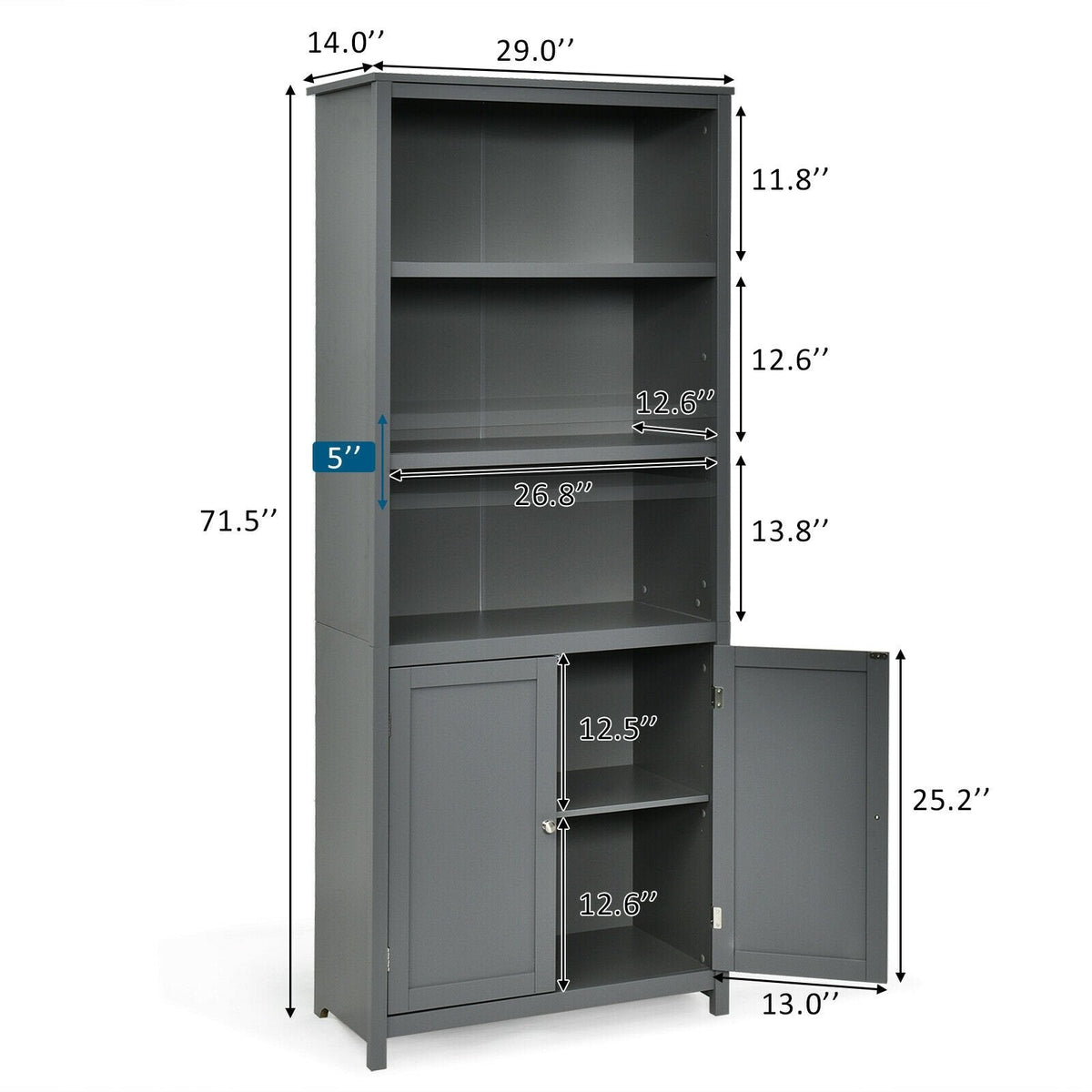 Tall Bookcase with 3 Open Shelves and a 2 Door Cabinet, Grey