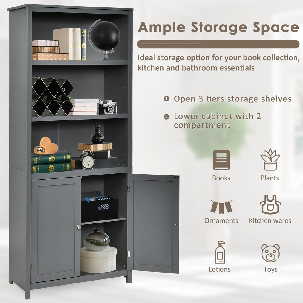 Tall Bookcase with 3 Open Shelves and a 2 Door Cabinet, Grey