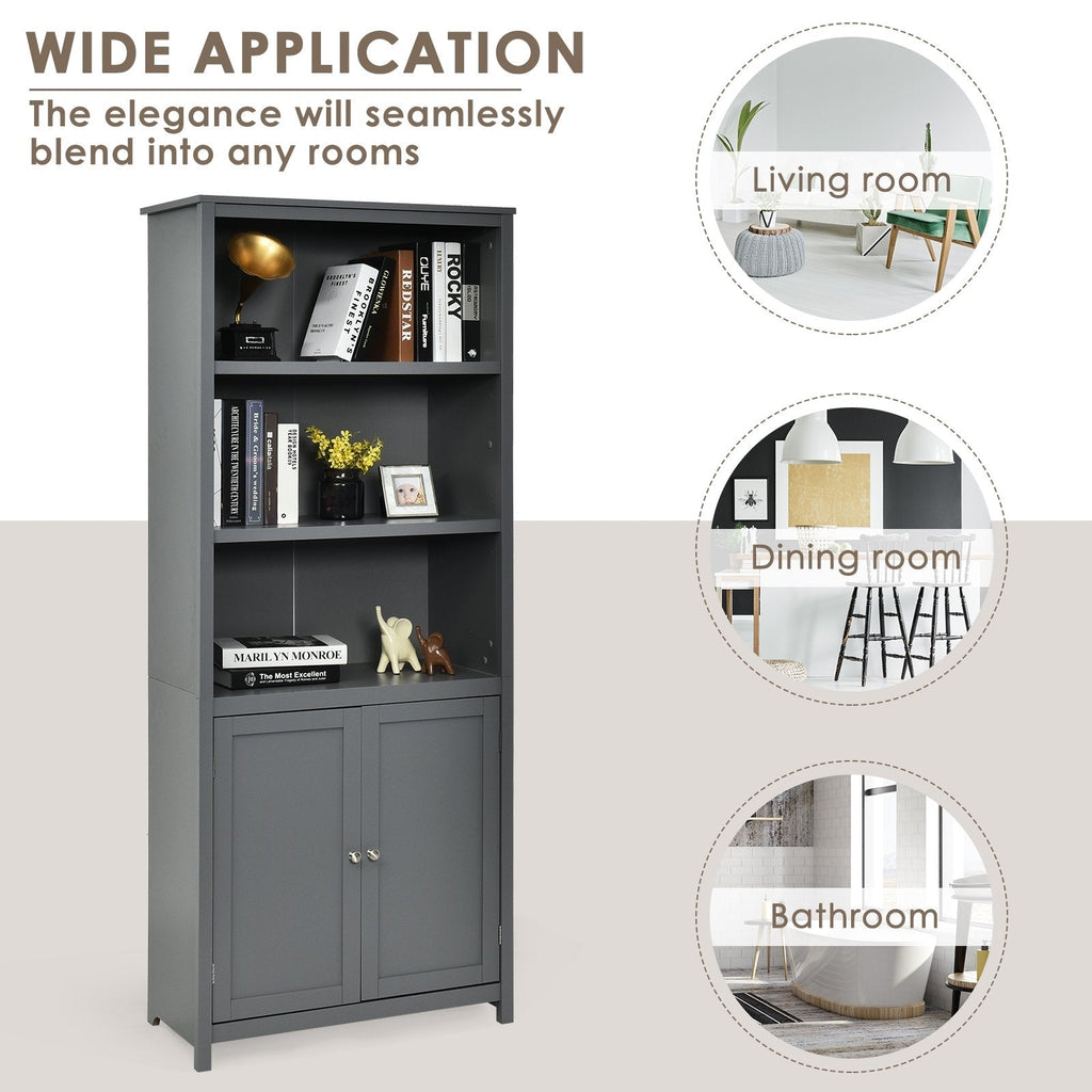 Tall Bookcase with 3 Open Shelves and a 2 Door Cabinet, Grey
