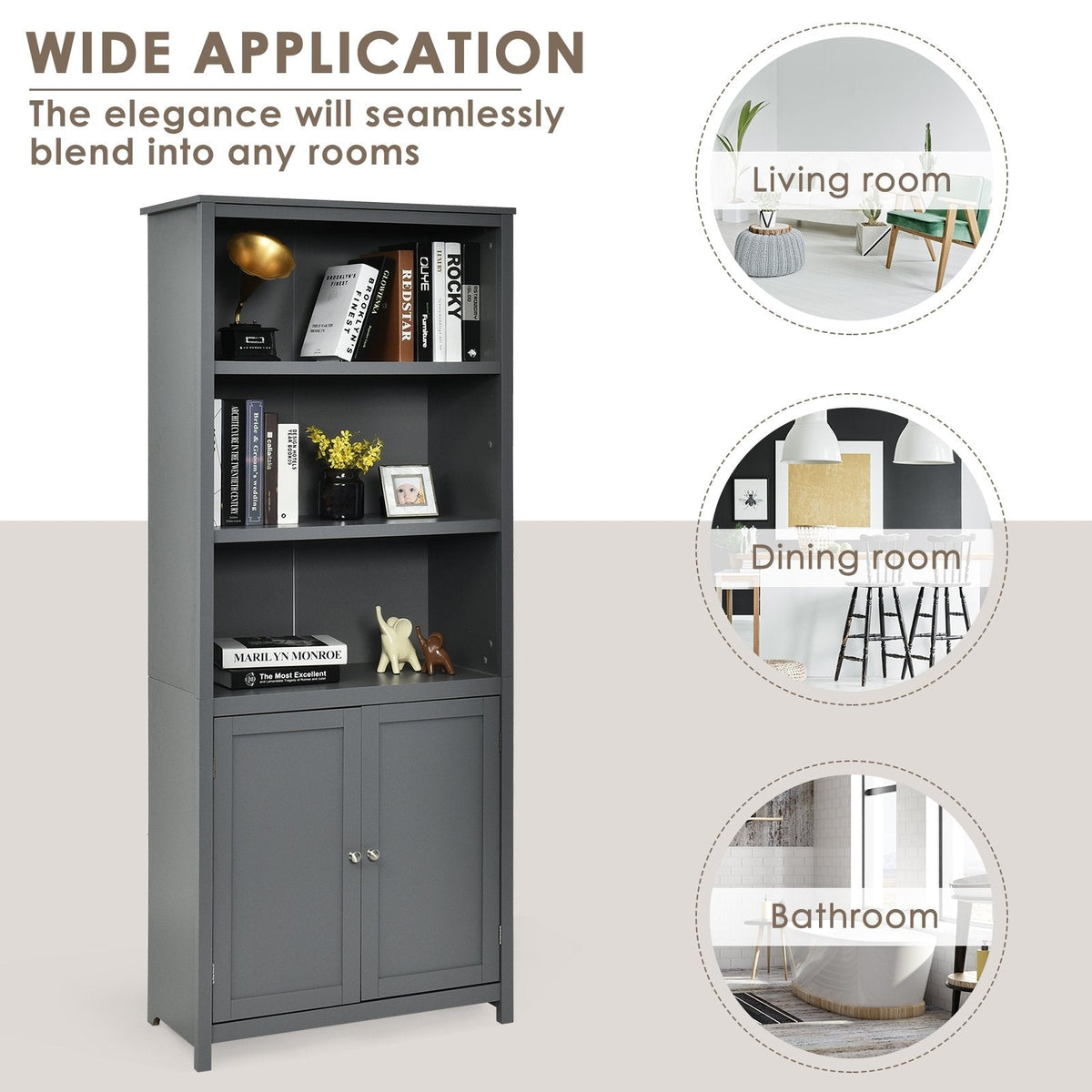 Tall Bookcase with 3 Open Shelves and a 2 Door Cabinet, Grey