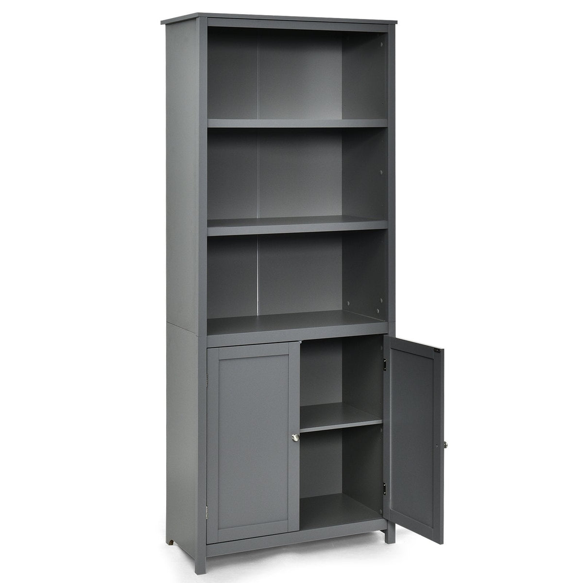 Tall Bookcase with 3 Open Shelves and a 2 Door Cabinet, Grey