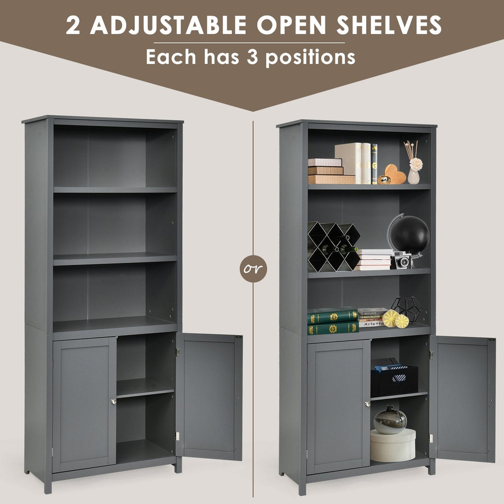 Tall Bookcase with 3 Open Shelves and a 2 Door Cabinet, Grey
