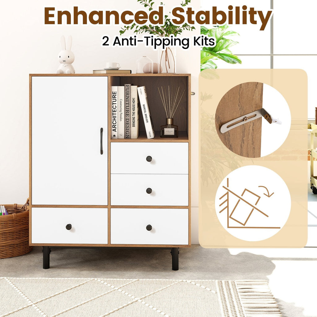Buffet Sideboard Mid Century Modern Storage Cabinet with 4 Drawers and Open Compartment-Natural