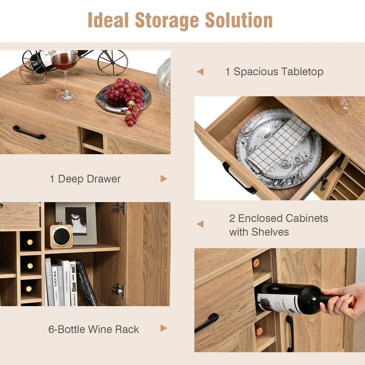 2-Door Buffet Sideboard with 6-Bottle Wine Rack Drawer