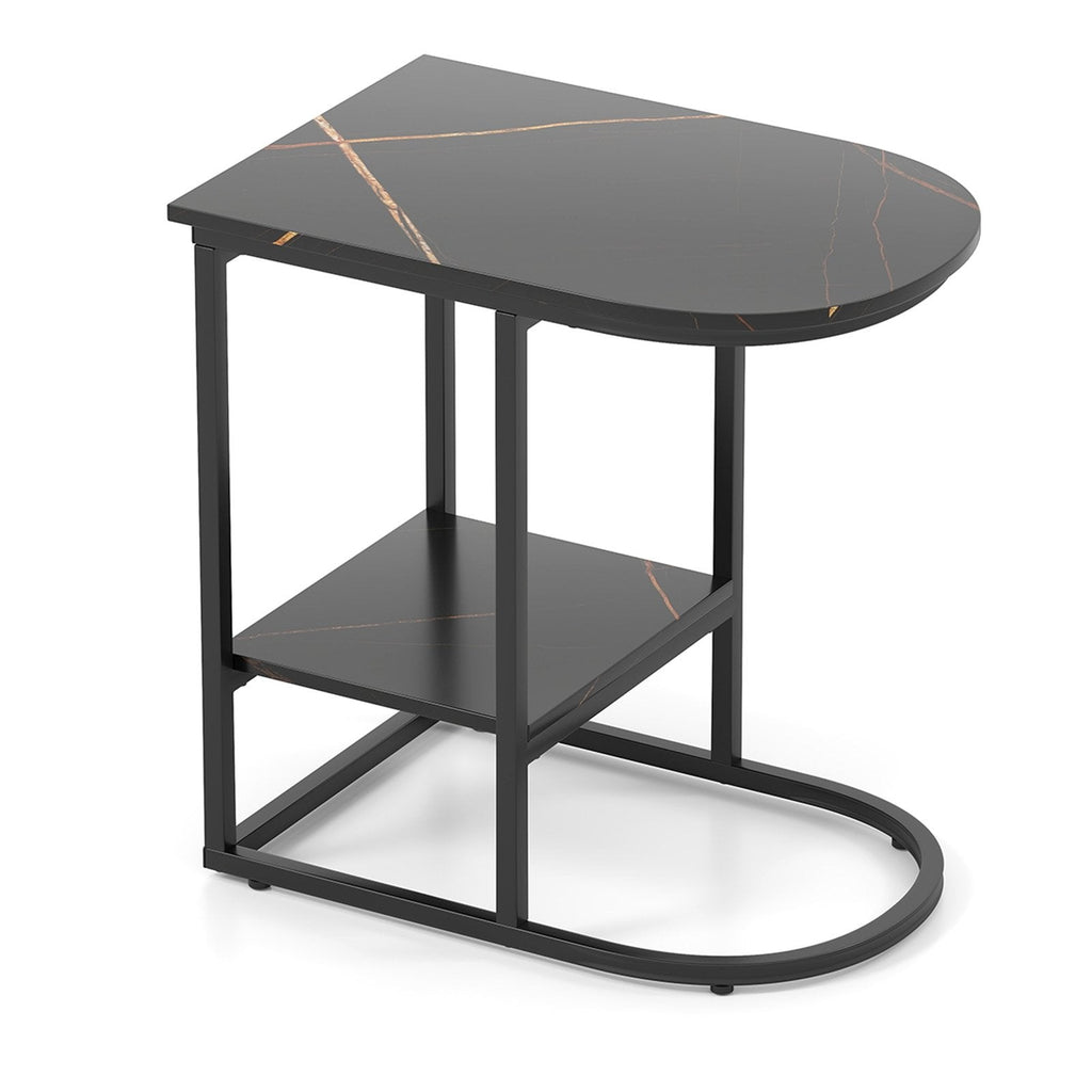 C-shaped Modern Sofa Side Table with Faux Marble Tabletop and Storage Shelf-Black