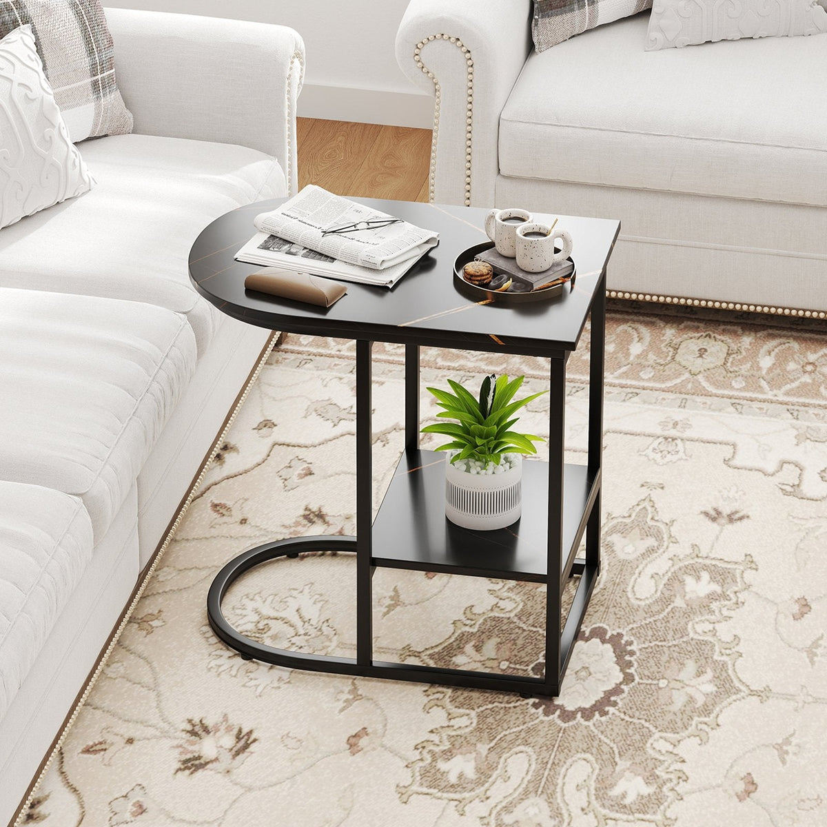 C-shaped Modern Sofa Side Table with Faux Marble Tabletop and Storage Shelf-Black