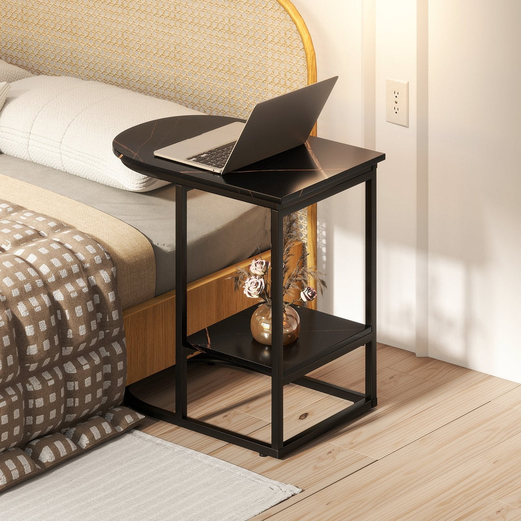 C-shaped Modern Sofa Side Table with Faux Marble Tabletop and Storage Shelf-Black
